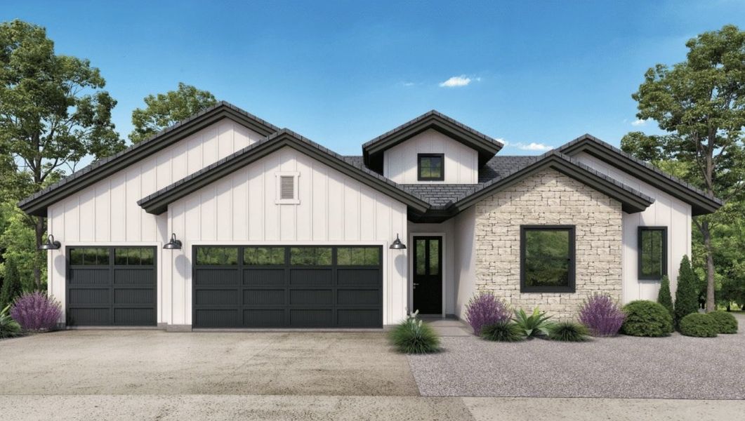 Front exterior of a new home in Emerald Estates, El Paso, TX, highlighting curb appeal (Image 1).