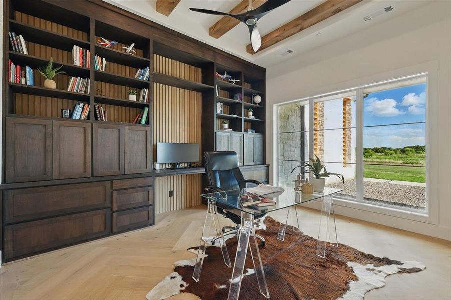 Office area with ceiling fan and beamed ceiling Office area with ceiling fan and beamed ceiling