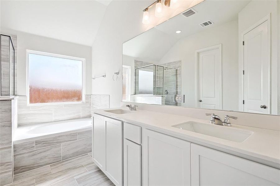 Bathroom featuring vanity, vaulted ceiling, and plus walk in shower