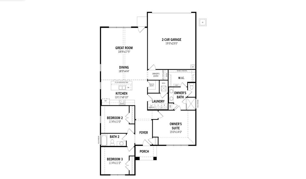 2D floor plan layout for the Buchanan by Mattamy Homes in Bridges at Preston Crossings, Gunter, TX (Image 3).