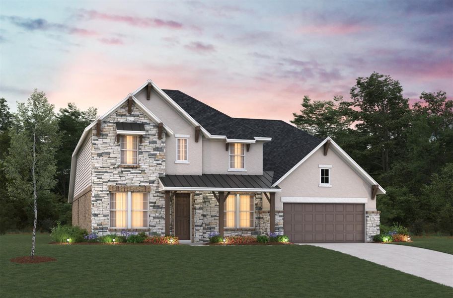 Front exterior of a new home in Valencia: Hilltop Collection, Manvel, TX, highlighting curb appeal (Image 2).