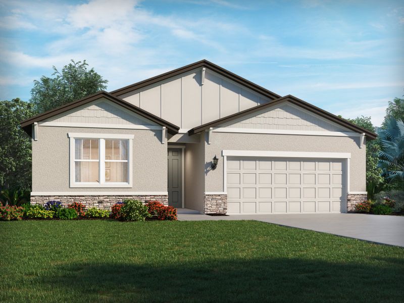 Front exterior of a new home in Coasterra - Reserve Series, Palmetto, FL, highlighting curb appeal (Image 1). Front exterior of a new home in Coasterra - Reserve Series, Palmetto, FL, highlighting curb appeal (Image 1).