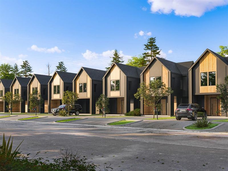 Modern townhouses with striking dark exteriors and wood accents, featuring ample parking and nestled in a green, suburban setting.