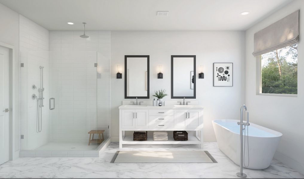 Primary bath with dual sinks and chrome fixtures throughout