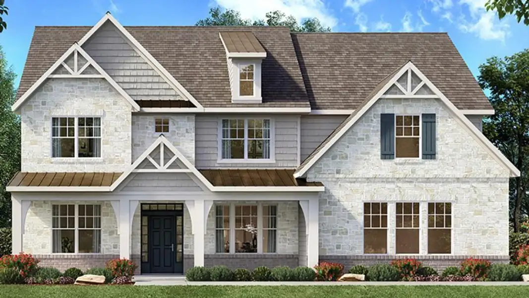 Front exterior of a new home in Thalley Creek Estates, Cumming, GA, highlighting curb appeal (Image 1). Front exterior of a new home in Thalley Creek Estates, Cumming, GA, highlighting curb appeal (Image 1).