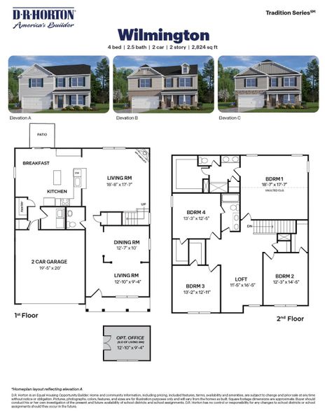 2D floor plan layout for the Wilmington by D.R. Horton in The Reserve at Prestleigh, Wake Forest, NC (Image 3).