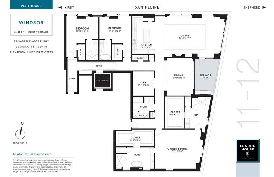 WINDSOR Penthouse Floor plan. Three bedrooms, four and one-half baths containing 4,162 sq.ft.