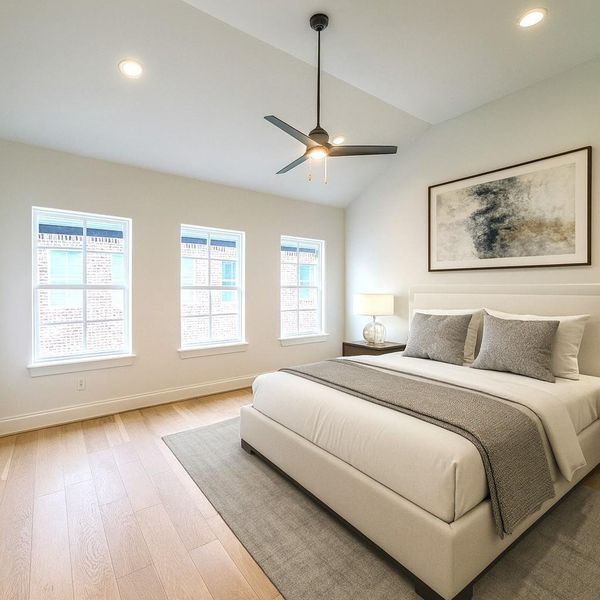 Primary Bedroom  w/ Vaulted Ceilings - Wide Wood Plank Flooring (picture was virtually staged)