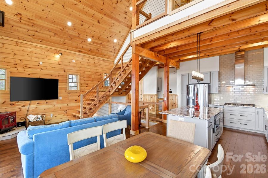 Pine classic tongue-and-groove ceiling.