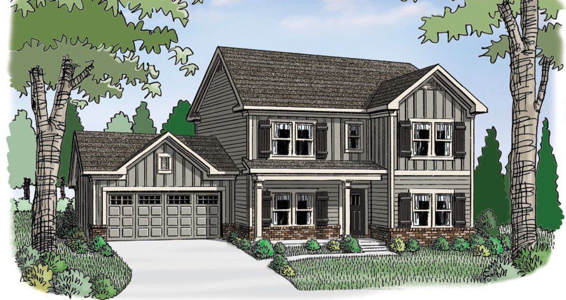 Front exterior of a new home in Calgary Downs, Winder, GA, highlighting curb appeal (Image 1).