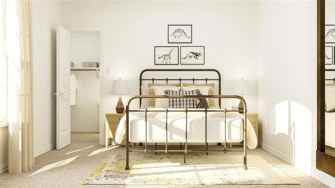 Carpeted bedroom featuring a window with sheer curtains, a built-in closet with shelving and hanging rod, a light-toned area rug, and white baseboards Carpeted bedroom featuring a window with sheer curtains, a built-in closet with shelving and hanging rod, a light-toned area rug, and white baseboards