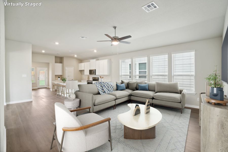 Virtually staged living room in a Rio Grande floorplan at a Meritage Homes community.