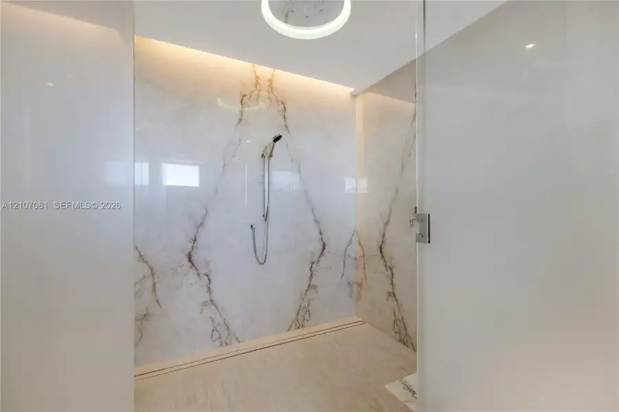 Walk-in shower enclosure featuring large-format veined stone wall panels, integrated ceiling lighting, a handheld shower fixture, and a glass door Walk-in shower enclosure featuring large-format veined stone wall panels, integrated ceiling lighting, a handheld shower fixture, and a glass door