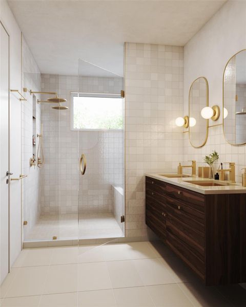Full bathroom with double vanity, tile walls, and walk-in shower