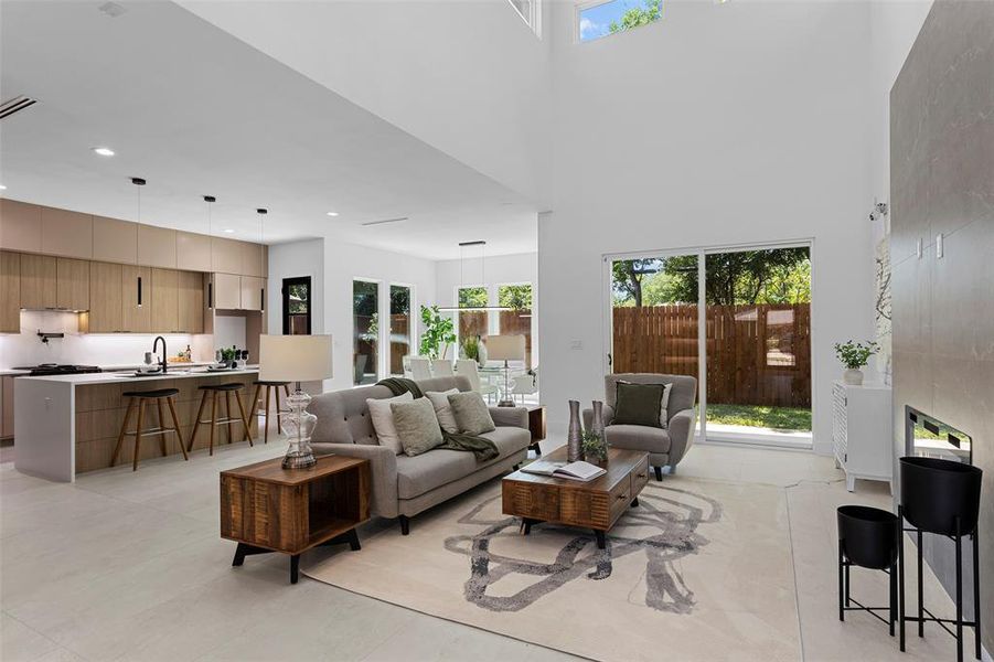 Tiled living room with sink