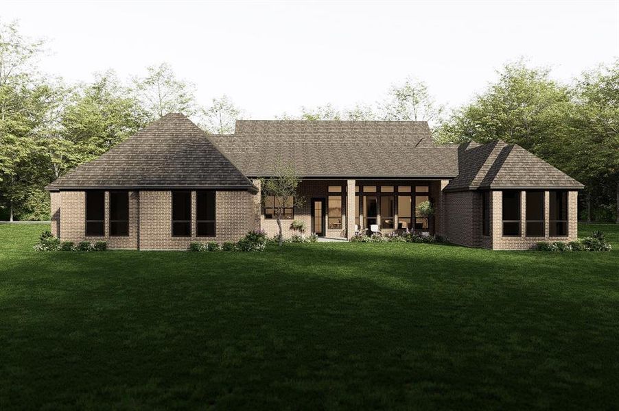 Architect's Rendering 
Back of property with a yard, a patio, and brick siding