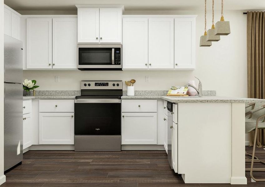 Rendering of the kitchen with luxury
  vinyl plank flooring, white cabinetry, stainless steel Whirlpool brand
  appliances and granite countertops.