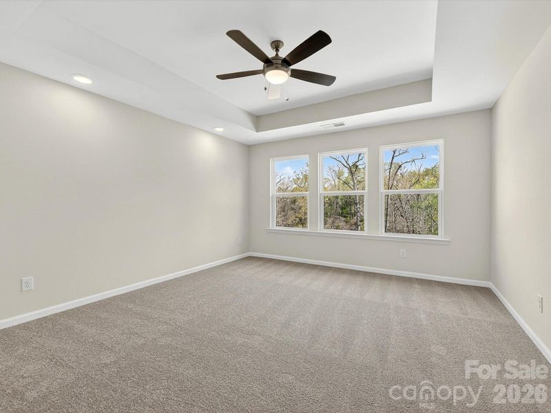 Primary bedroom features tray ceiling, 2 large windows allow natural light to bathe the room. Private backyard with views of the trees