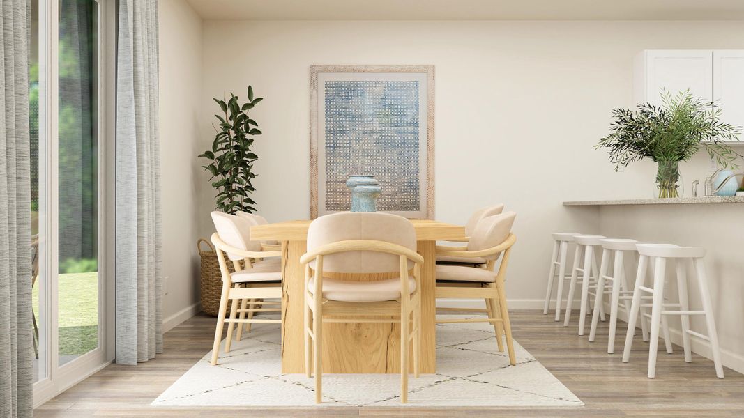 A dining room table with chairs around it. A dining room table with chairs around it.