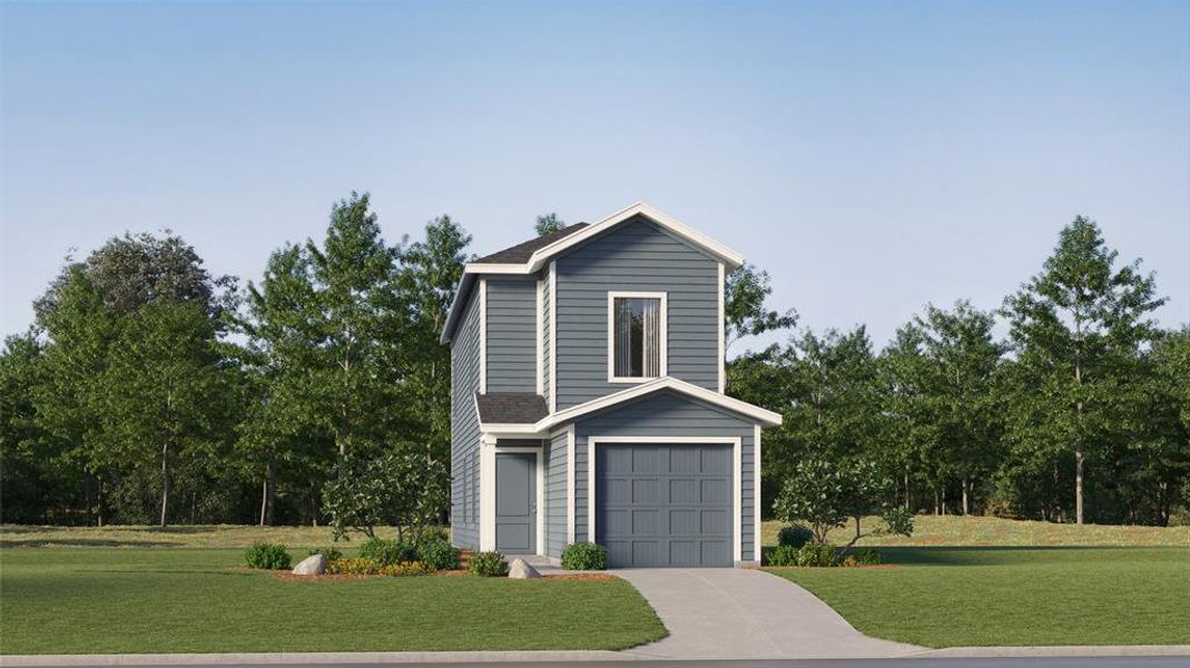 View of front of house featuring a front lawn and a garage