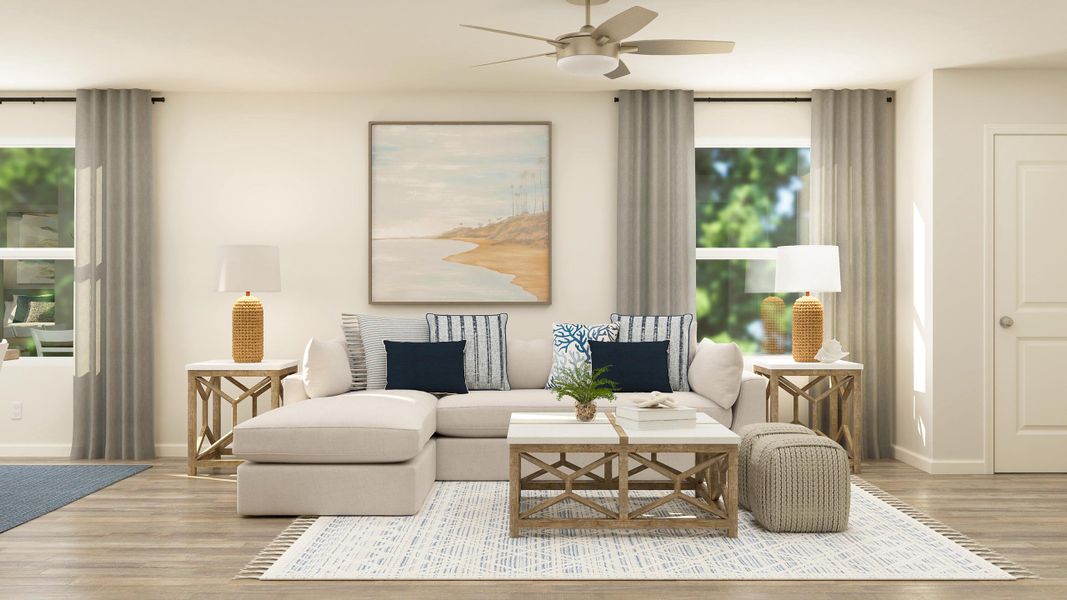 A living room with a couch and a fan. A living room with a couch and a fan.