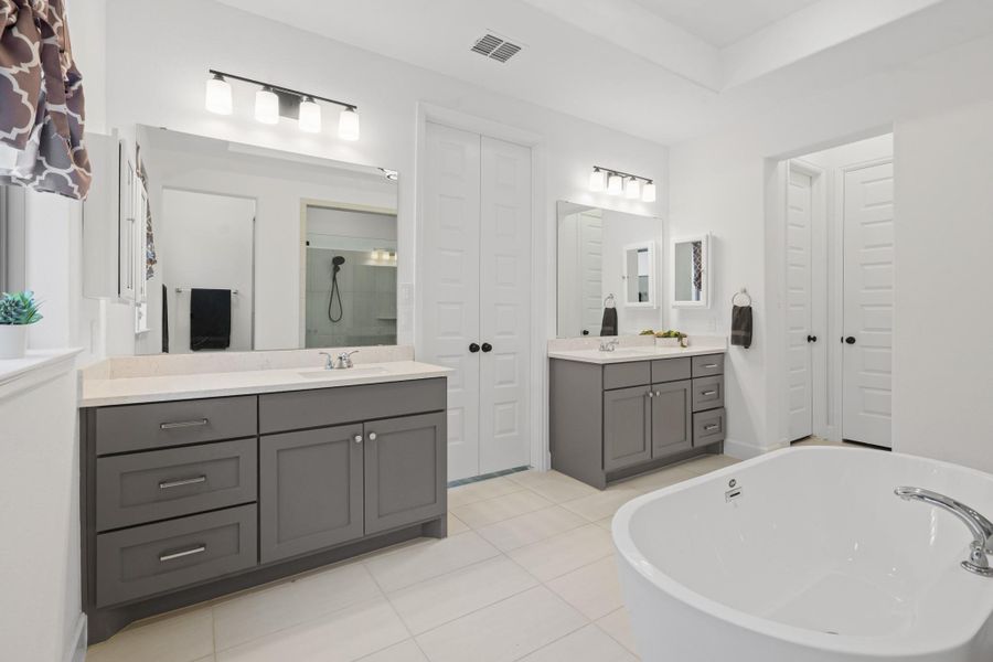 This spacious bathroom features dual sinks with stylish gray cabinetry, a large soaking tub, and a separate shower. The bright, modern design is complemented by ample lighting and storage space.