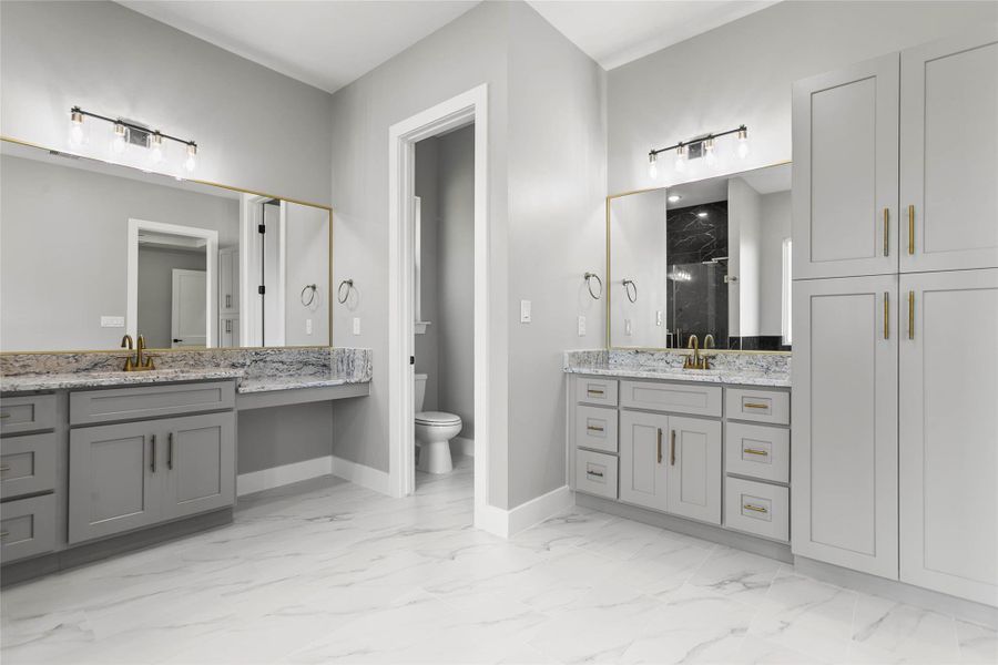 Separate vanities with plenty of storage and lots of light! Separate vanities with plenty of storage and lots of light!