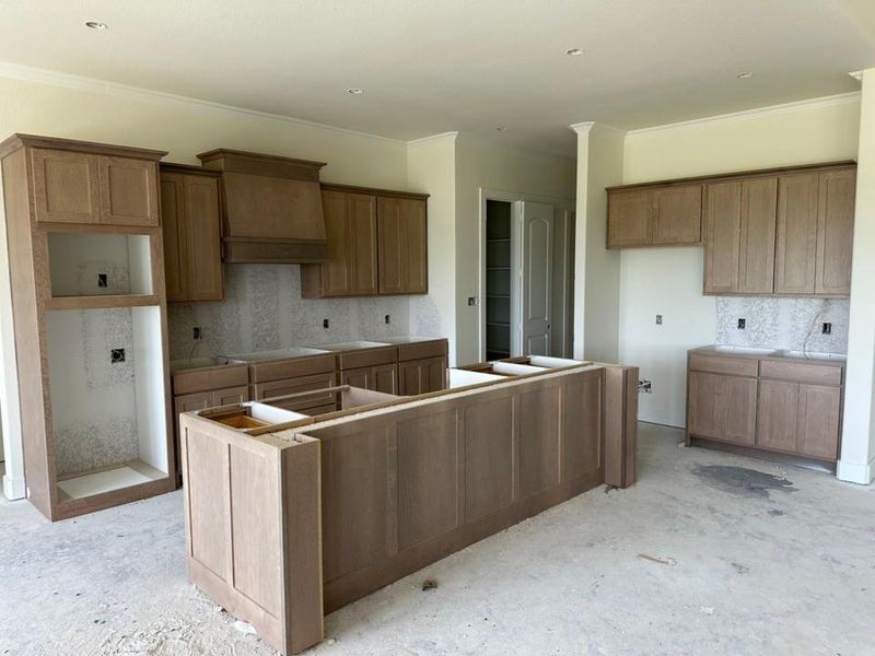 Kitchen featuring an expansive center island, extensive light wood-finish cabinetry, built-in refrigerator enclosure, and decorative range hood