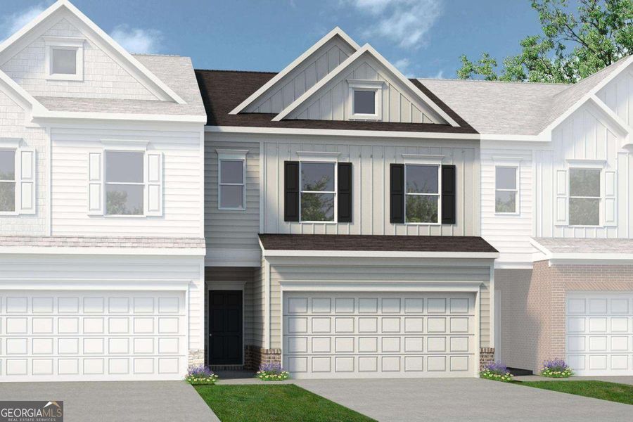 Front exterior of a new home in Crescent Towns, Riverdale, GA, highlighting curb appeal (Image 1).