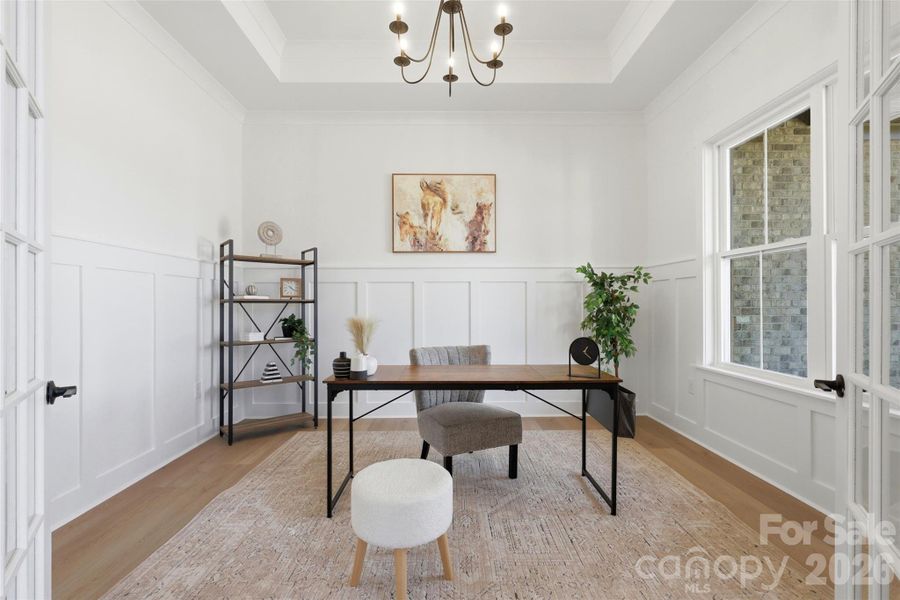 front office w/ French doors, tray ceiling