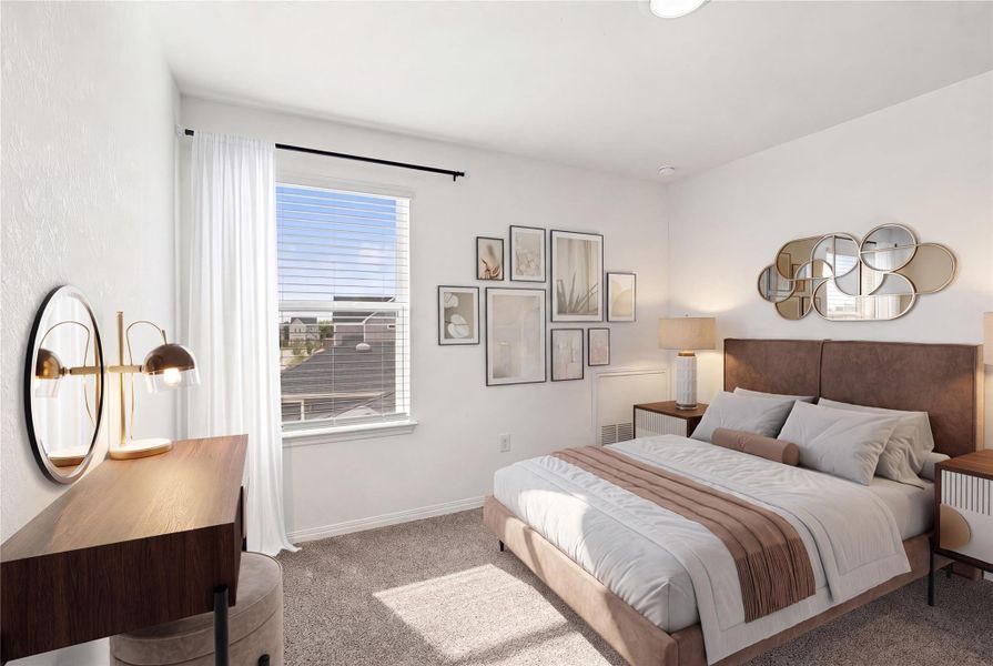 Sun-filled bedroom featuring plush carpeting and a large window with ample natural light. Some elements digitally staged.