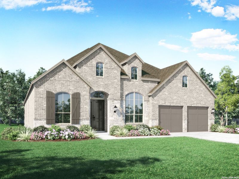 Front exterior of a new home in Veramendi, New Braunfels, TX, highlighting curb appeal (Image 1). Front exterior of a new home in Veramendi, New Braunfels, TX, highlighting curb appeal (Image 1).