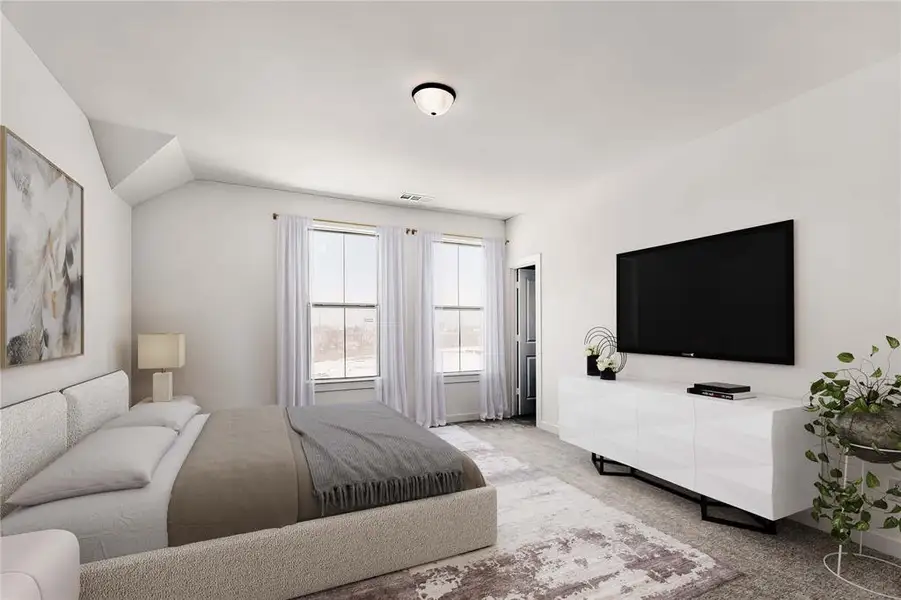 VIRTUALLY STAGED PHOTO - Spacious room featuring multiple windows, a ceiling-mounted light fixture, and carpeting