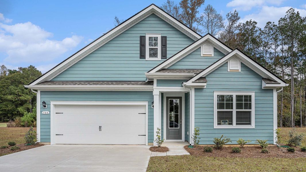 Front exterior of a new home in The Bluffs at Mill Creek, Florence, SC, highlighting curb appeal (Image 1). Front exterior of a new home in The Bluffs at Mill Creek, Florence, SC, highlighting curb appeal (Image 1).