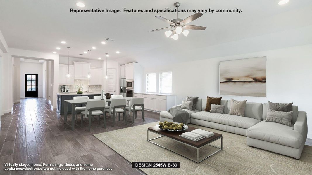 Living room with ceiling fan, recessed lighting, and dark wood finished floors