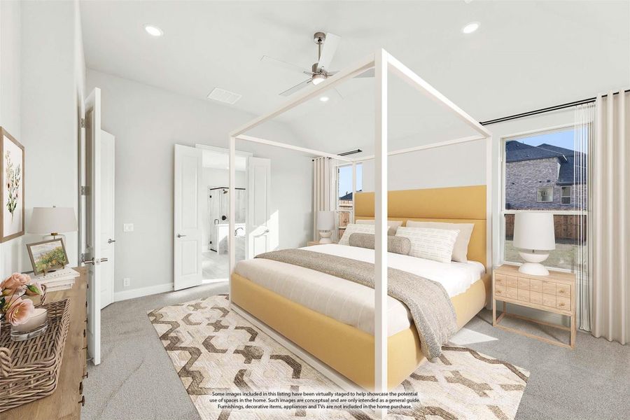 Bright master bedroom with white four-poster bed, yellow upholstered headboard, ceiling fan, and ensuite bathroom access Bright master bedroom with white four-poster bed, yellow upholstered headboard, ceiling fan, and ensuite bathroom access