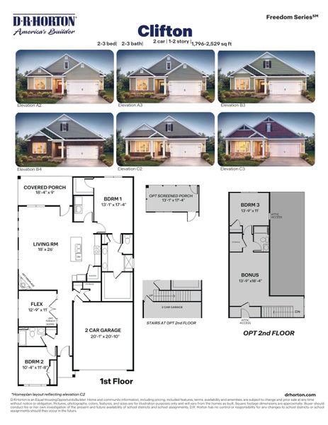 2D floor plan layout for the Clifton by D.R. Horton in The Villas at Kinsley, Jamestown, NC (Image 3).