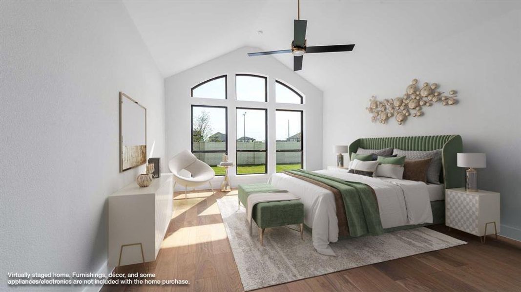 Bedroom with hardwood / wood-style flooring, high vaulted ceiling, and ceiling fan