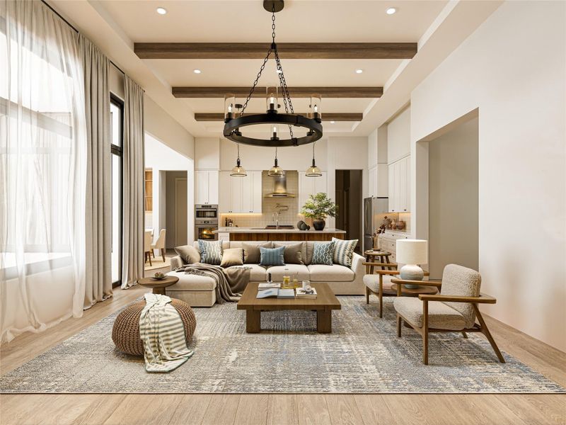 Beamed high ceilings and wide-plank wood flooring define this open-concept main living space.