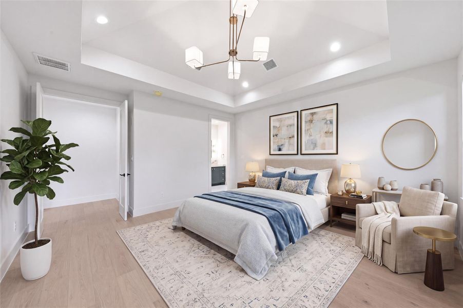 Retreat to the luxurious primary suite, thoughtfully designed with generous space, natural light, and a serene atmosphere. Virtually stagged.