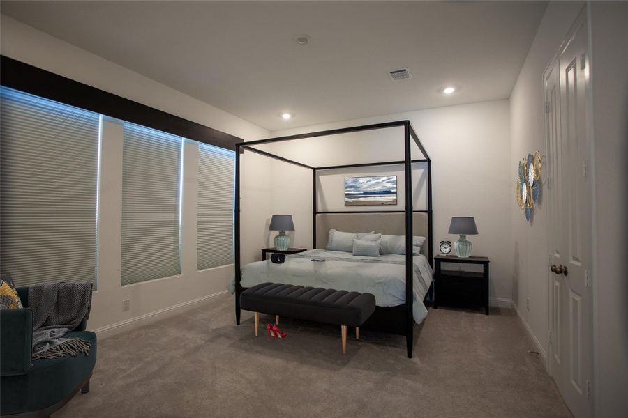 Spacious primary bedroom has a cozy and inviting atmosphere.