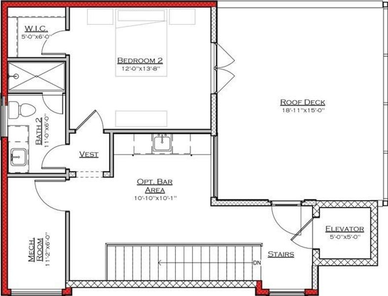 This floor plan features a spacious bedroom with a walk-in closet and an adjoining bathroom. There's an optional bar area, a large roof deck for outdoor enjoyment, and convenient access via stairs or an elevator.