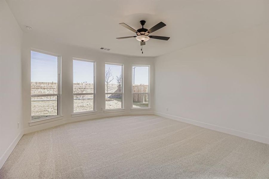 Spare room with light carpet and a ceiling fan