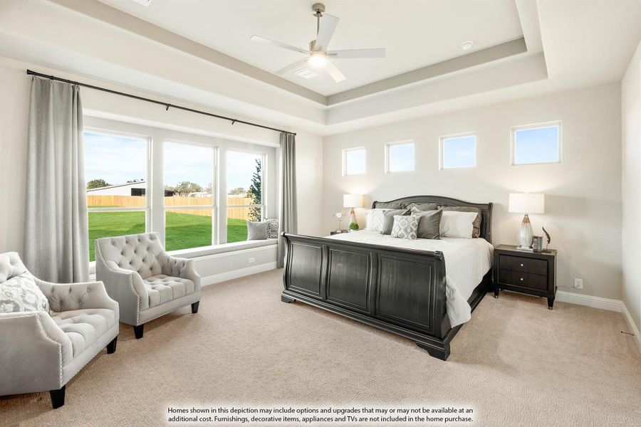 Master bedroom with tray ceiling, ceiling fan, dark wood sleigh bed, seating area, and large windows overlooking backyard