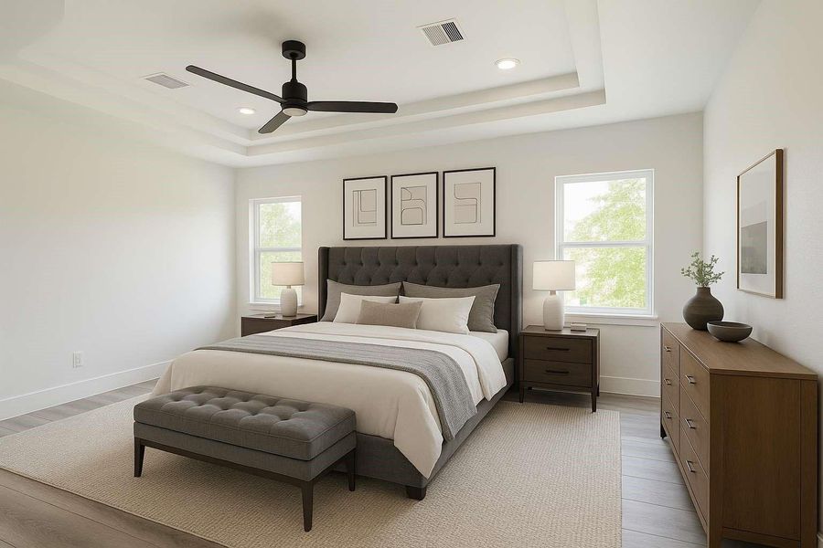 Staged- Experience the elegance of this beautifully primary bedroom featuring ample natural light, and a serene atmosphere perfect for relaxation.