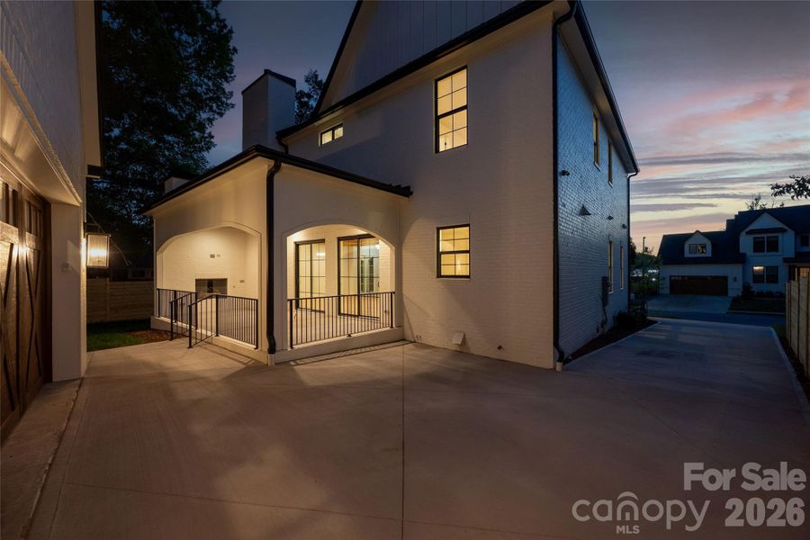 Rear patio at twilight.