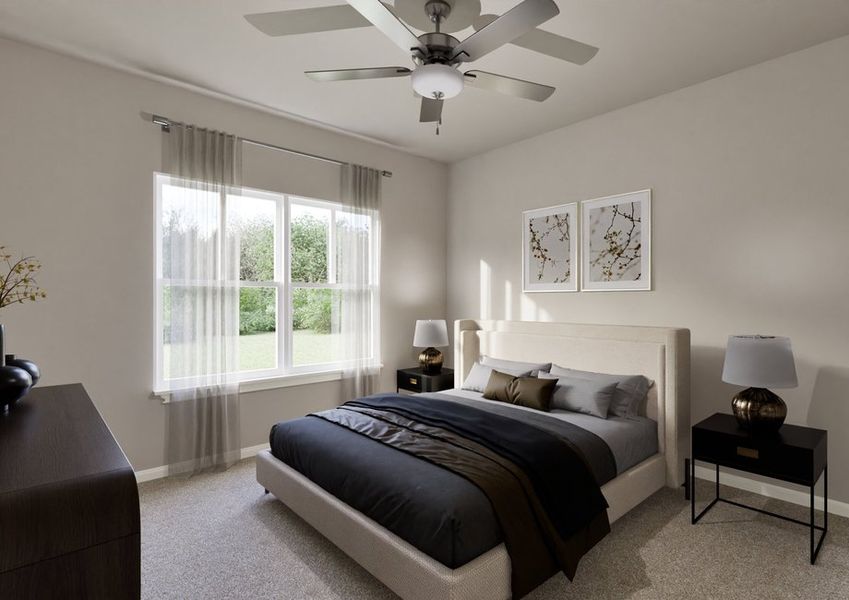 A serene bedroom with neutral tones features a large bed with gray and black bedding. A ceiling fan is above, and natural light streams through a window with sheer curtains. A serene bedroom with neutral tones features a large bed with gray and black bedding. A ceiling fan is above, and natural light streams through a window with sheer curtains.