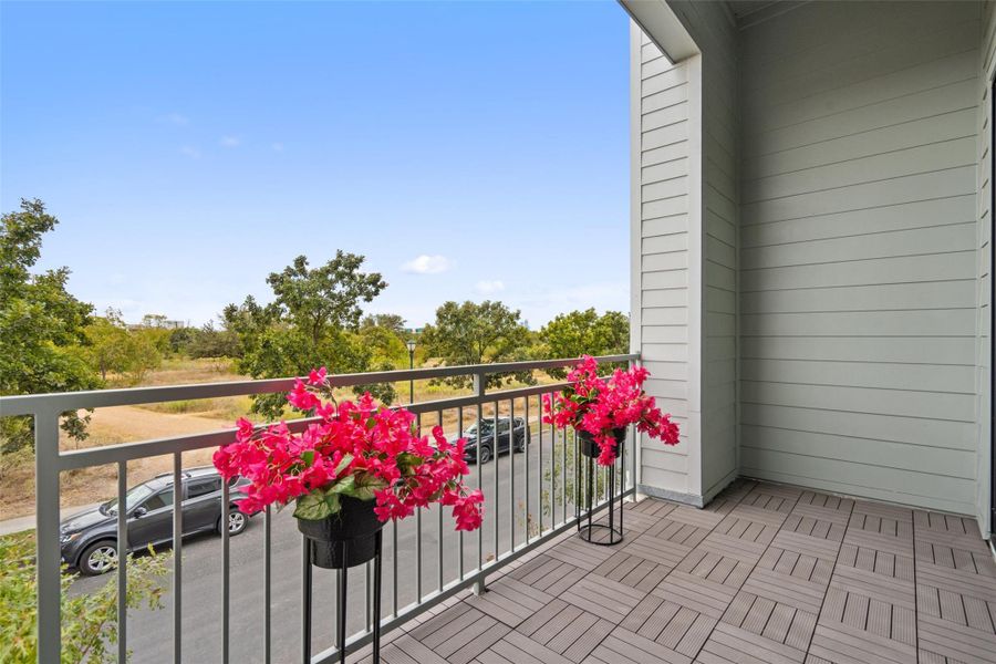 Private balcony off of living room with views of the park.