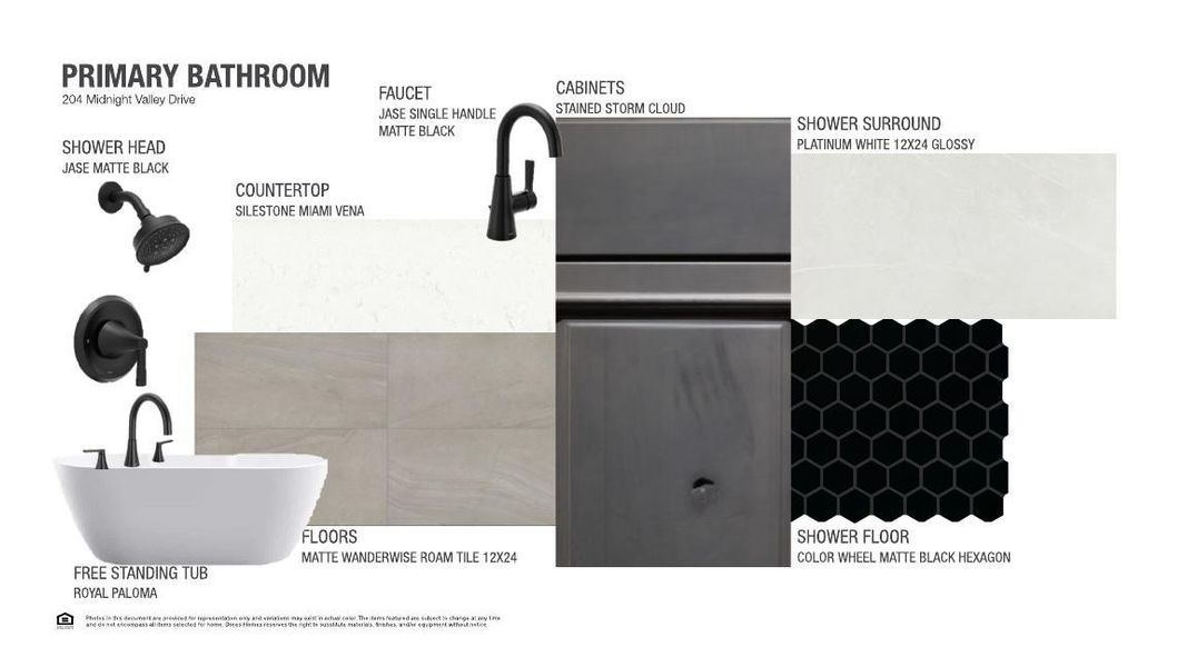 Imagine the elegant materials for a primary bathroom, combining a sleek free-standing tub, dark matte fixtures, and complementary tile selections.