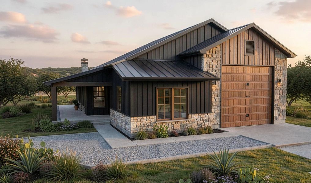 Front exterior of a new home in , Fredericksburg, TX, highlighting curb appeal (Image 1). Front exterior of a new home in , Fredericksburg, TX, highlighting curb appeal (Image 1).
